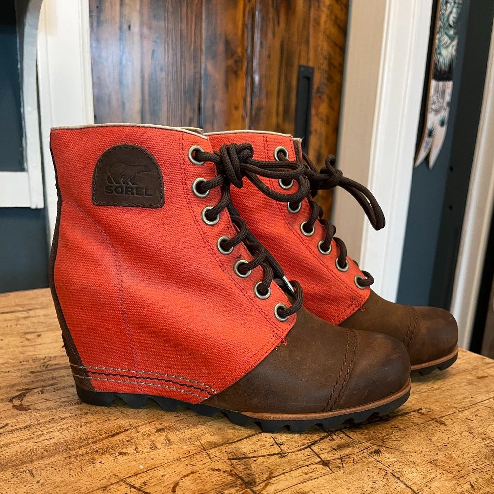 Sorel Womens Brown Red PDX 1964 NL2174-846 Round Toe Ankle Wedge Boots Sz US 9